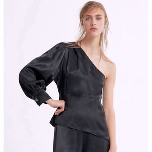 ZARA One Shoulder Satin Blouse Long Sleeve Peplum Top, Black